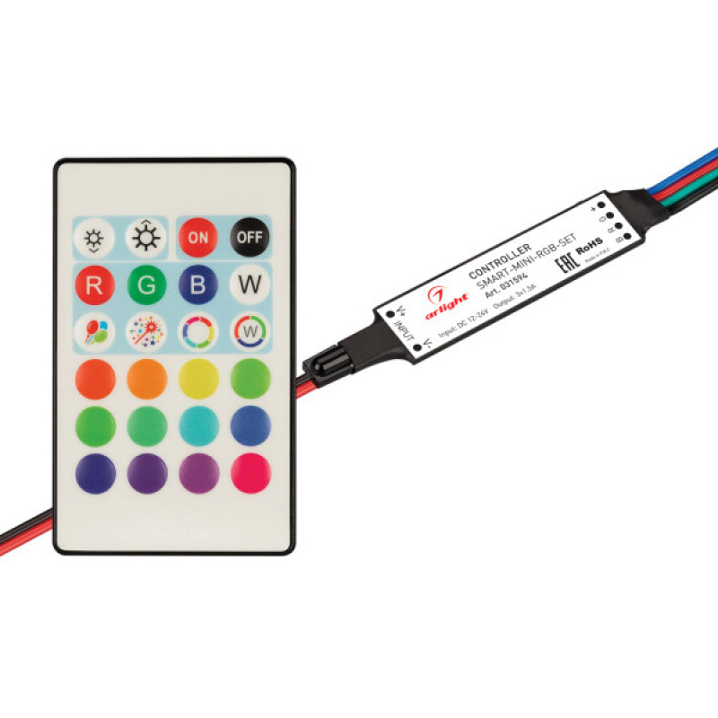 Контроллер SMART-MINI-RGB-SET (12-24V, 3x1.5A, ПДУ 24кн, IR, IP20) Arlight 031594